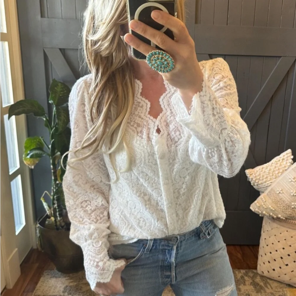 Scalloped Lace Button Front White Blouse Romantic Boho Style, Feminine Top - Picture 2 of 11